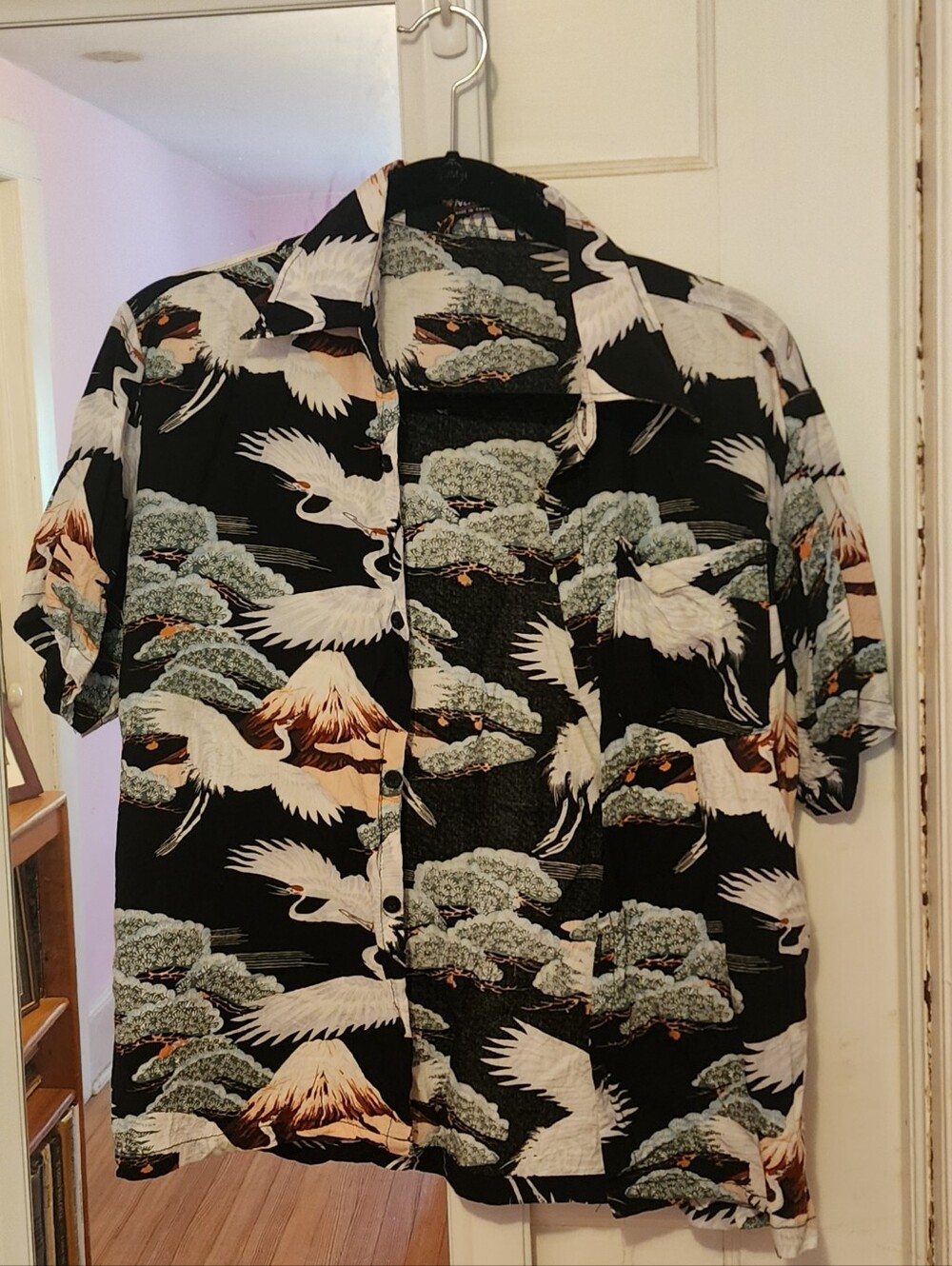 Black Crane Print Hawaiian Shirt